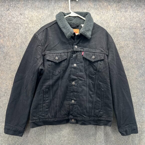 Levis Jacket Mens Large Black Sherpa Lined Trucker Winter Denim Vintage Biker